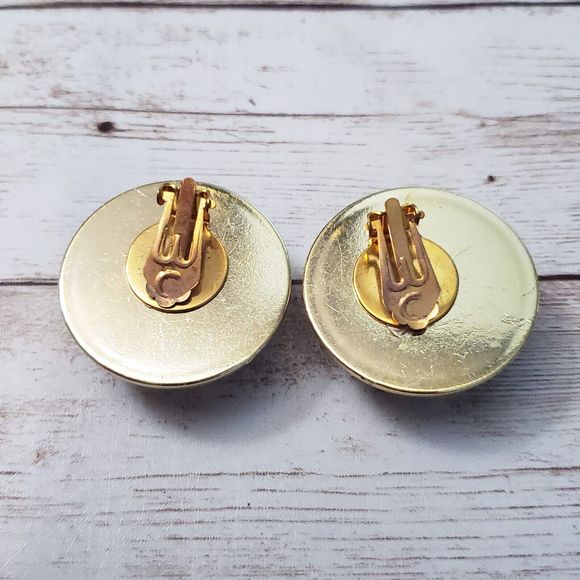 Vintage Clip On Earrings - Domed Matte Gold Tone Center with Gold Tone Halo - Picture 4 of 6